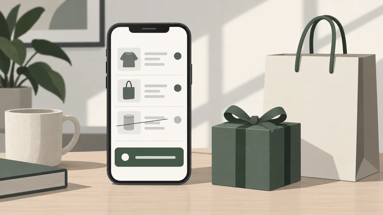 A phone showing a checkout with a coupon applied, the original price, the discount and the new total clearly listed, next to a small gift box.