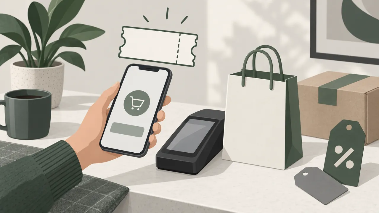A shopper's hand holding a phone at checkout with a blank coupon ticket shape floating above the screen, beside a small paper shopping bag and a parcel.