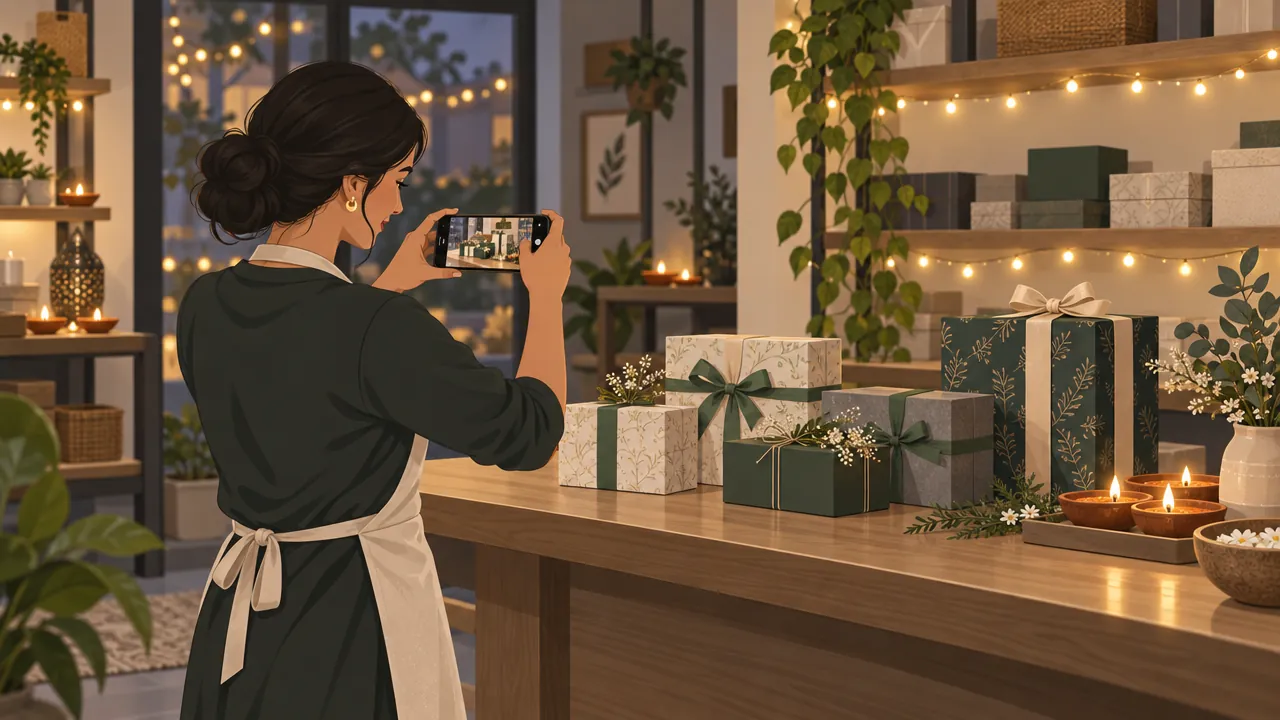 A shopkeeper photographing a row of wrapped Diwali gift boxes on a counter with a phone, warm string lights in the background.