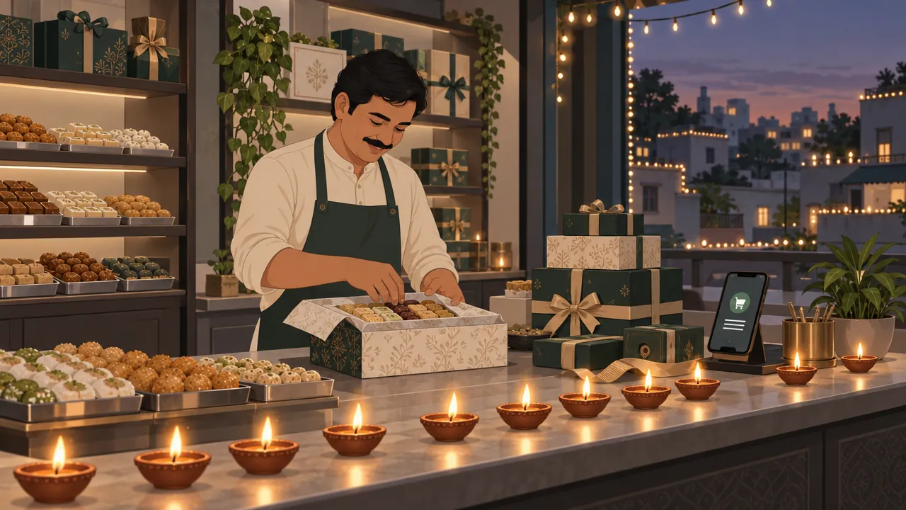 A sweets and gifts shop decorated for Diwali at dusk, with glowing clay diyas along the counter, stacked gift boxes and the owner packing a festive box while a phone shows a new order.