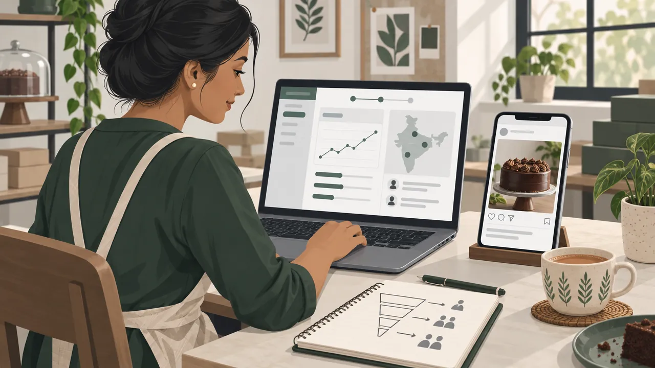 A small business owner at a laptop setting up an ad, the screen showing a simple dashboard and an audience map, beside a phone with a cake ad in a social feed.