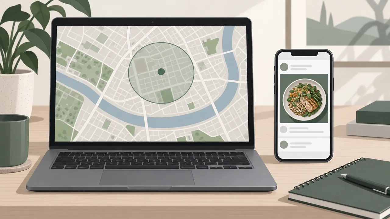 A map of a city on a laptop with a circle drawn around a neighbourhood, and an ad preview of a food item on a phone beside it.