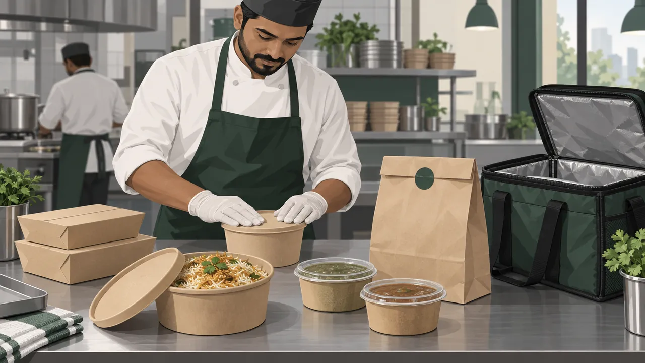 A restaurant packing counter with sealed paper food containers, a lidded biryani box, leak-proof curry containers, a sealed paper bag and an open insulated delivery bag.