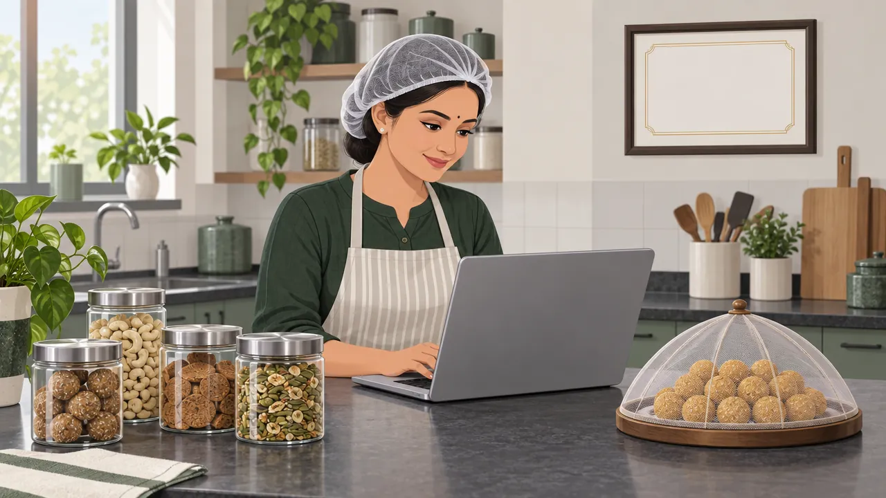 A woman in an apron and hair cap filling in an online form on a laptop in a clean home kitchen, beside sealed jars of homemade snacks and a covered tray of laddoos.