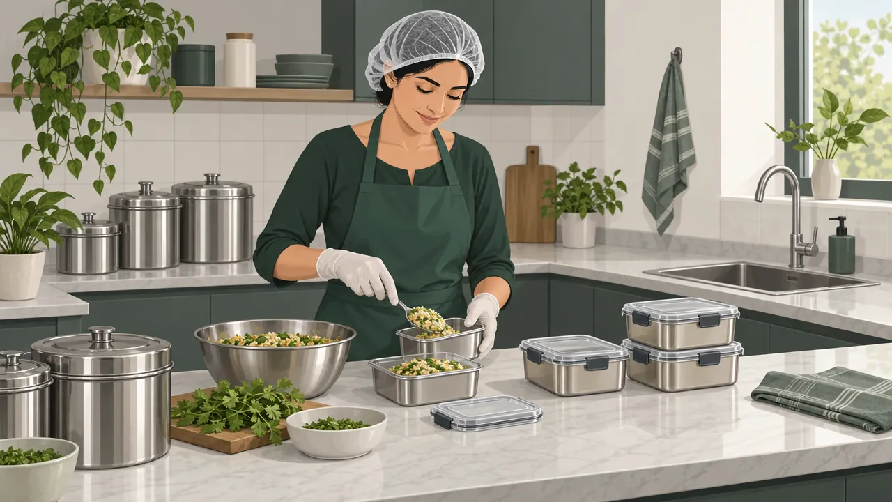 A neat home kitchen counter with covered steel containers, a hand-washing sink with soap, and a person wearing a hair cap and gloves packing food.