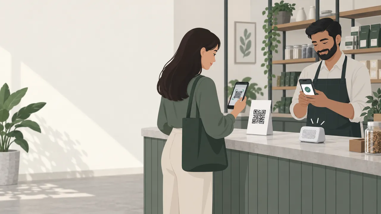 A customer scans a UPI QR code on a shop counter with her phone while the shop owner watches a payment confirmation appear on his own phone.