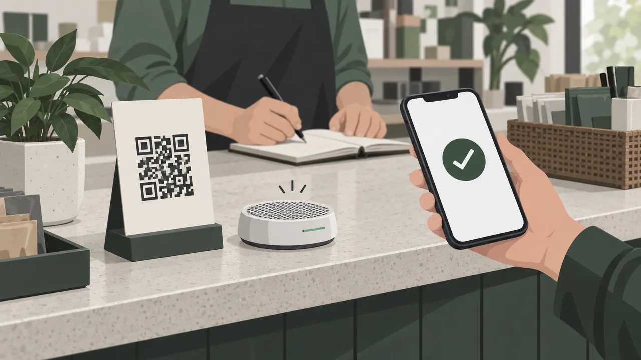A shop counter with a printed UPI QR code stand, a customer's phone showing a payment screen and a small speaker announcing the payment.