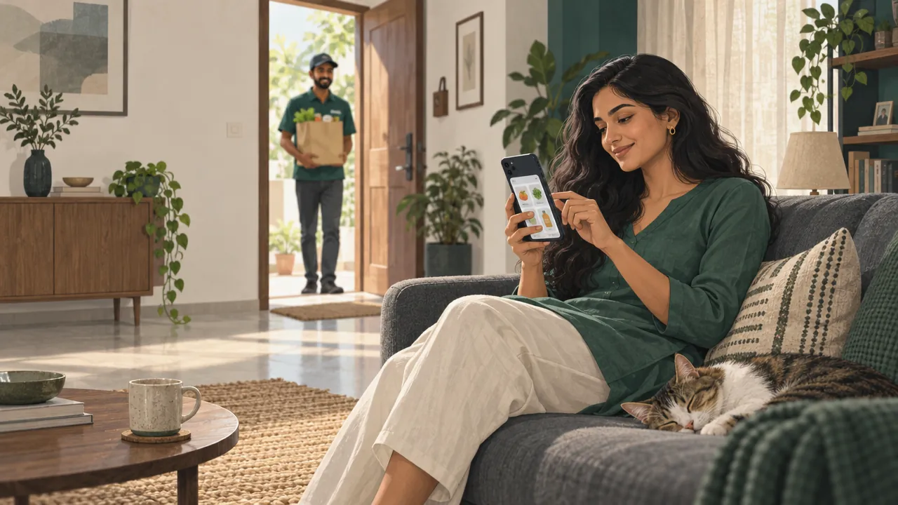 A woman on a sofa orders from a local shop's app on her phone while a delivery partner arrives at the door.