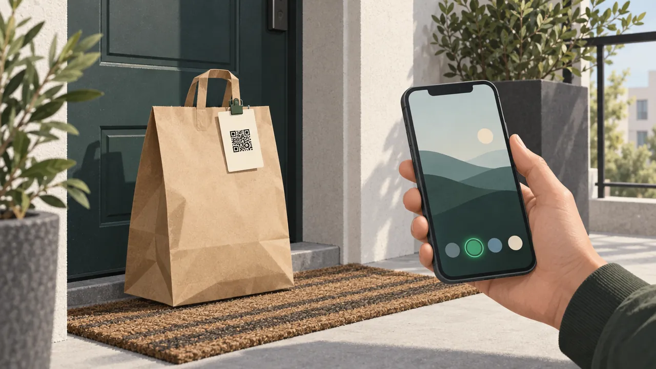A delivery bag on a doorstep with a QR card clipped to it, and a phone showing app icons.