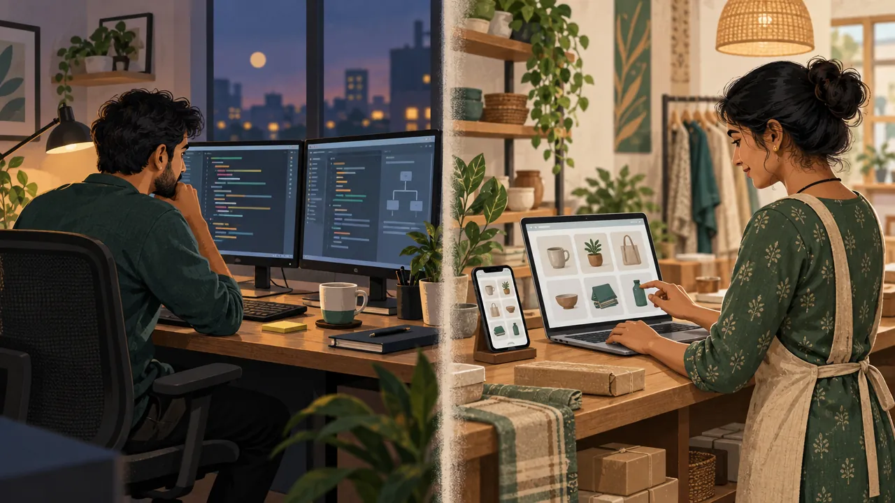 Split scene: a developer at two monitors of code on the left, a shop owner arranging products on a laptop and phone on the right.