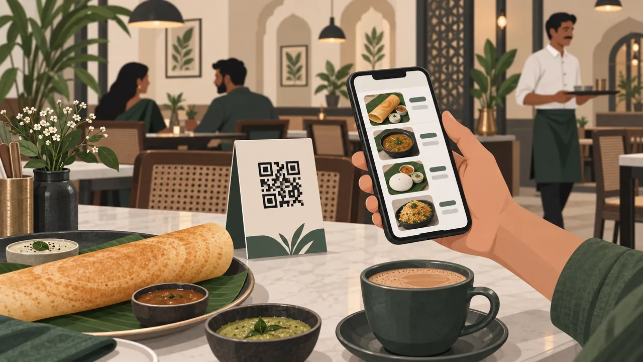 A restaurant table with a standing card showing a square QR pattern, a customer's hand holding a phone with a food menu on screen, and plates of dosa and chai.