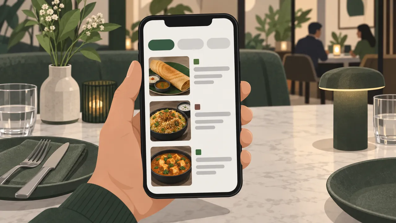 A phone showing a restaurant menu with category tabs, dish photos, veg and non-veg markers and prices.