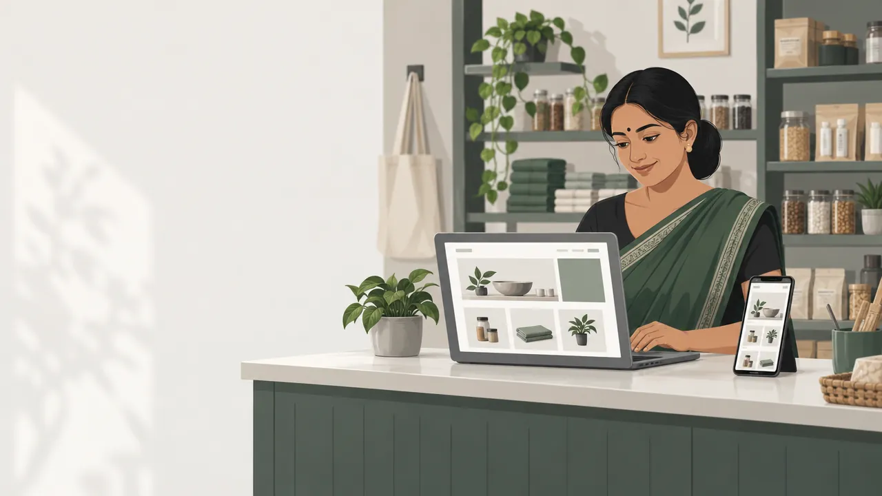 A shop owner at the counter of a small store builds her website on a laptop, with the same site open on her phone beside it.