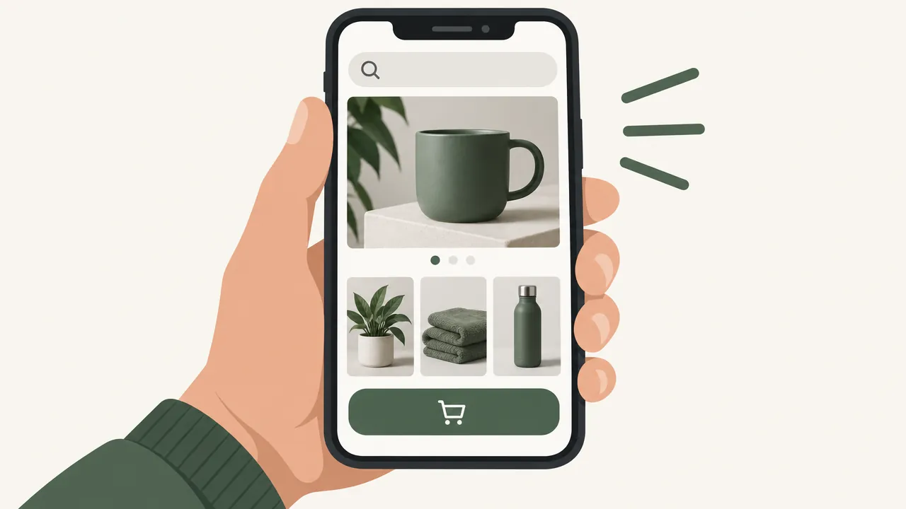 A website on a phone screen with large product photos, a search bar and a big add-to-cart button.