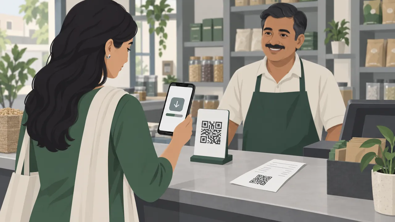 A customer at a shop counter scanning a small QR standee with her phone, which shows an app install screen, while the shopkeeper smiles behind the counter.