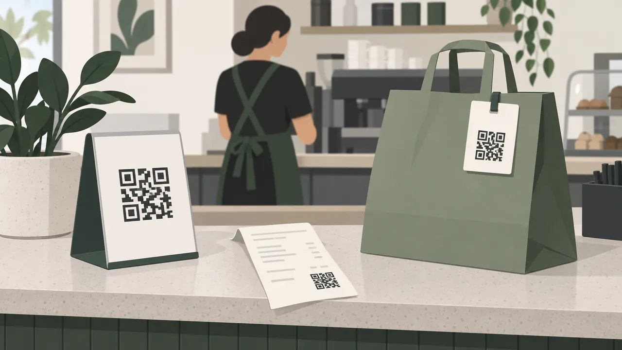 A shop counter with a small QR standee, a printed bill with a QR code at the bottom, and a delivery bag with a card clipped to it.