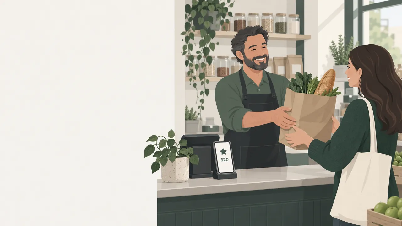 A neighbourhood shop owner hands a regular customer her order with a smile, while a phone on the counter shows a reward points balance.