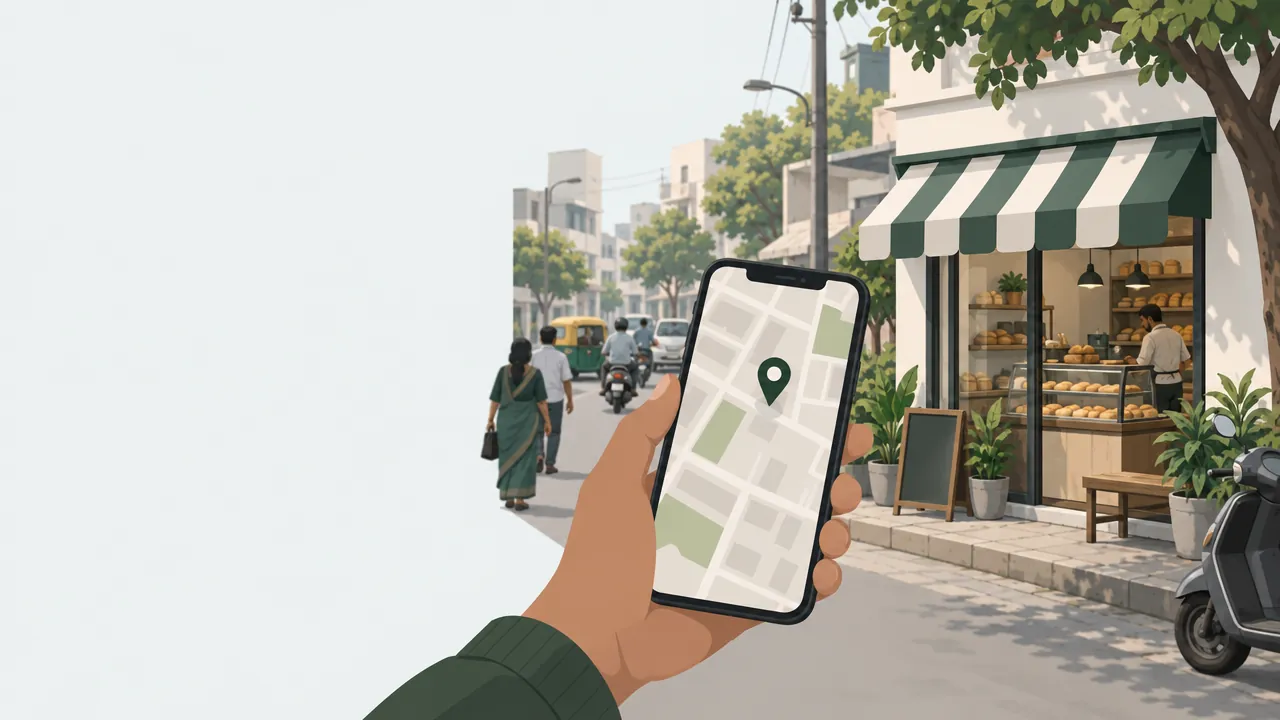 A phone showing a map with a pin on a small bakery, while the real bakery's shop front stands behind it on a busy street.