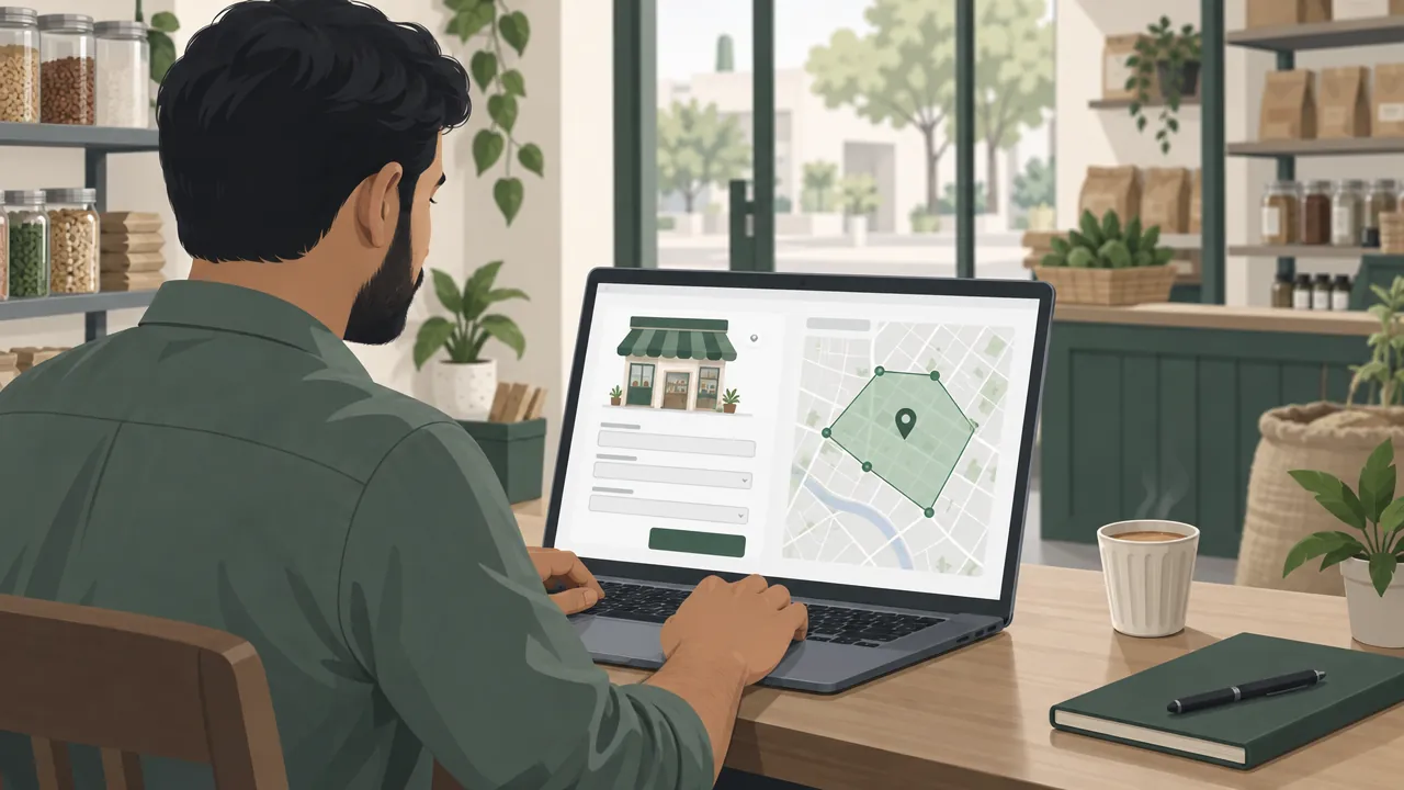 A shop owner fills in a business profile on a laptop: name, category and the delivery areas the business serves.