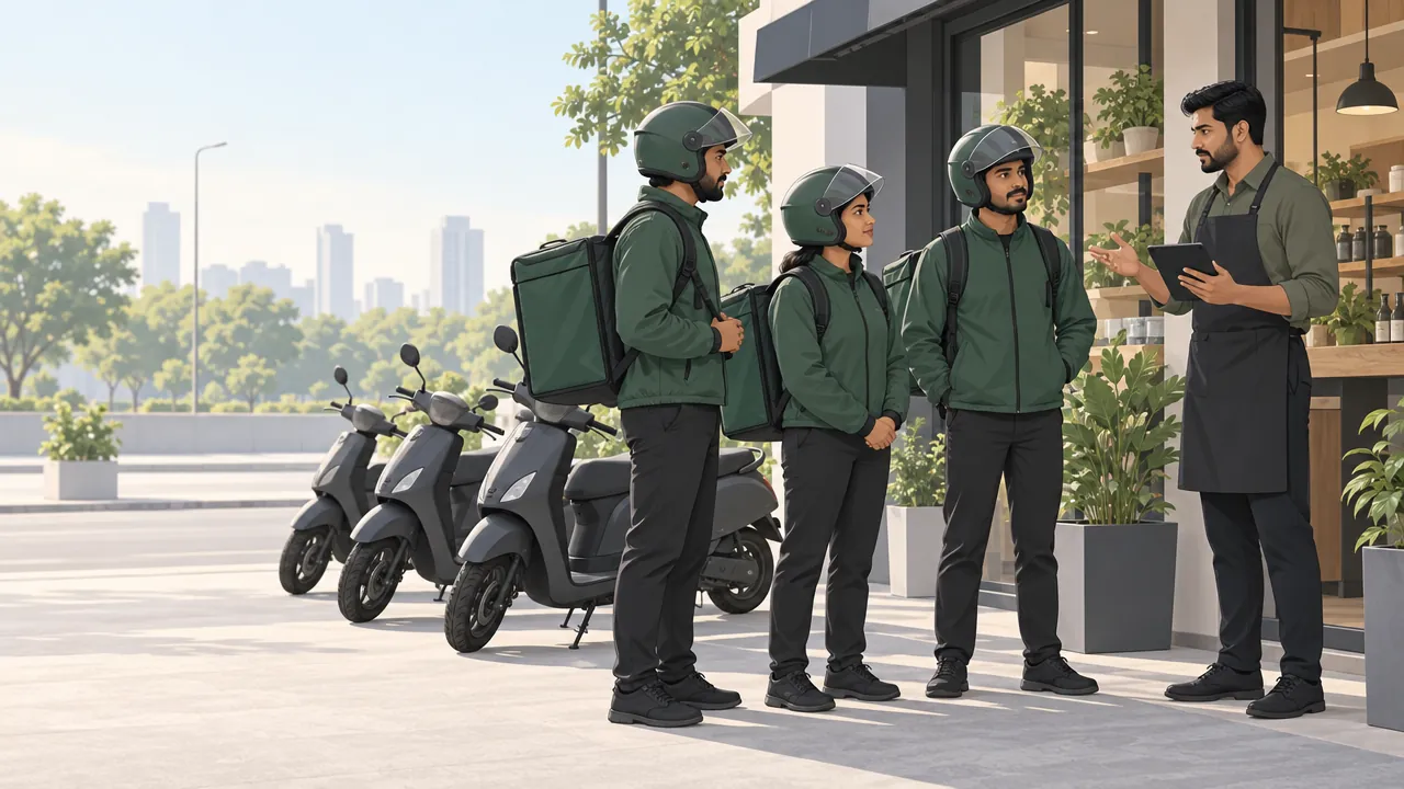 Three delivery partners in matching jackets with insulated bags gather beside their scooters outside a shop as the manager hands out the day's orders.