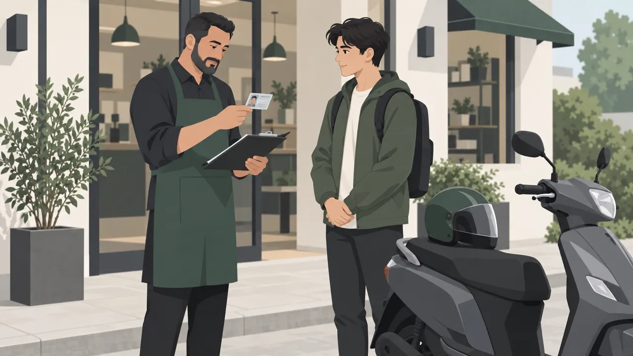 A shop manager talks to a young applicant beside a scooter, checking his licence and documents on a clipboard.