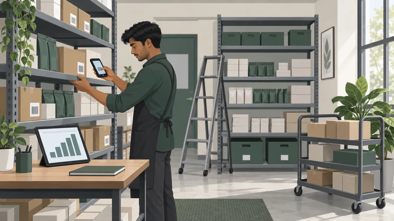 A small stockroom with tidy shelves of labelled boxes, a shop worker scanning a barcode with a phone while a tablet on a stand shows a bar chart of stock levels.