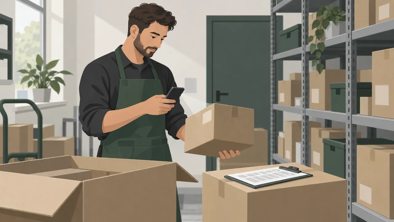 A shop worker unpacking a delivery and scanning each box with a phone, with a printed purchase order on a clipboard beside the boxes.