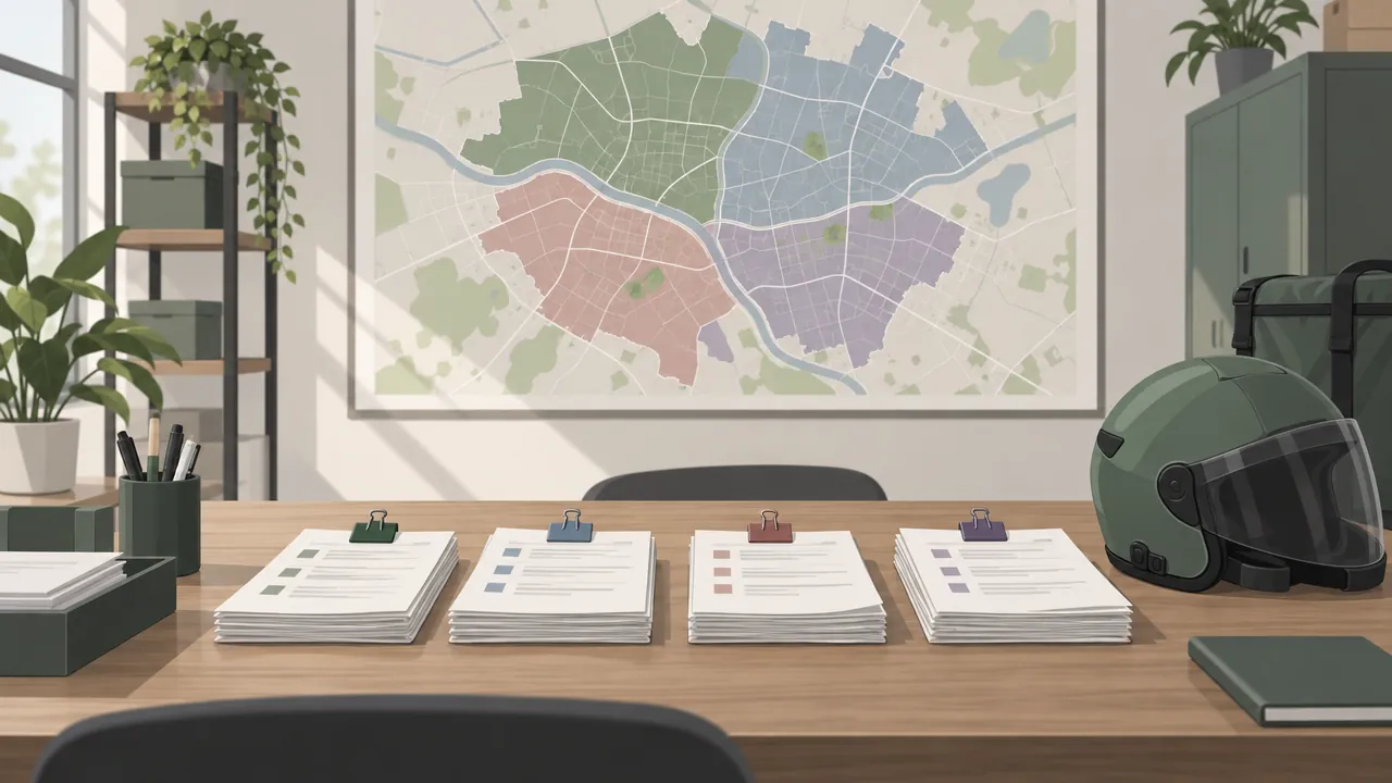 A dispatcher's table with paper order slips sorted into piles by neighbourhood, a wall map of the town with coloured areas behind.