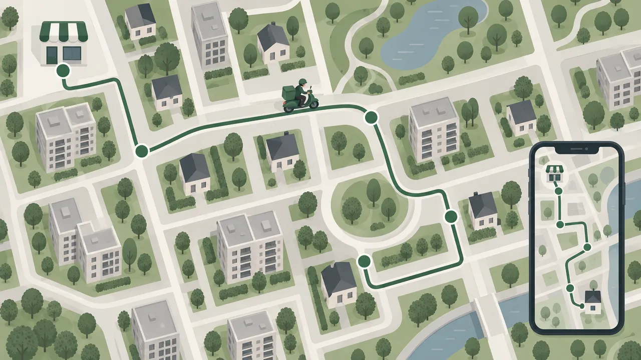 A simplified town map with one smooth delivery route connecting several stops, a delivery partner on a scooter following it from the store.