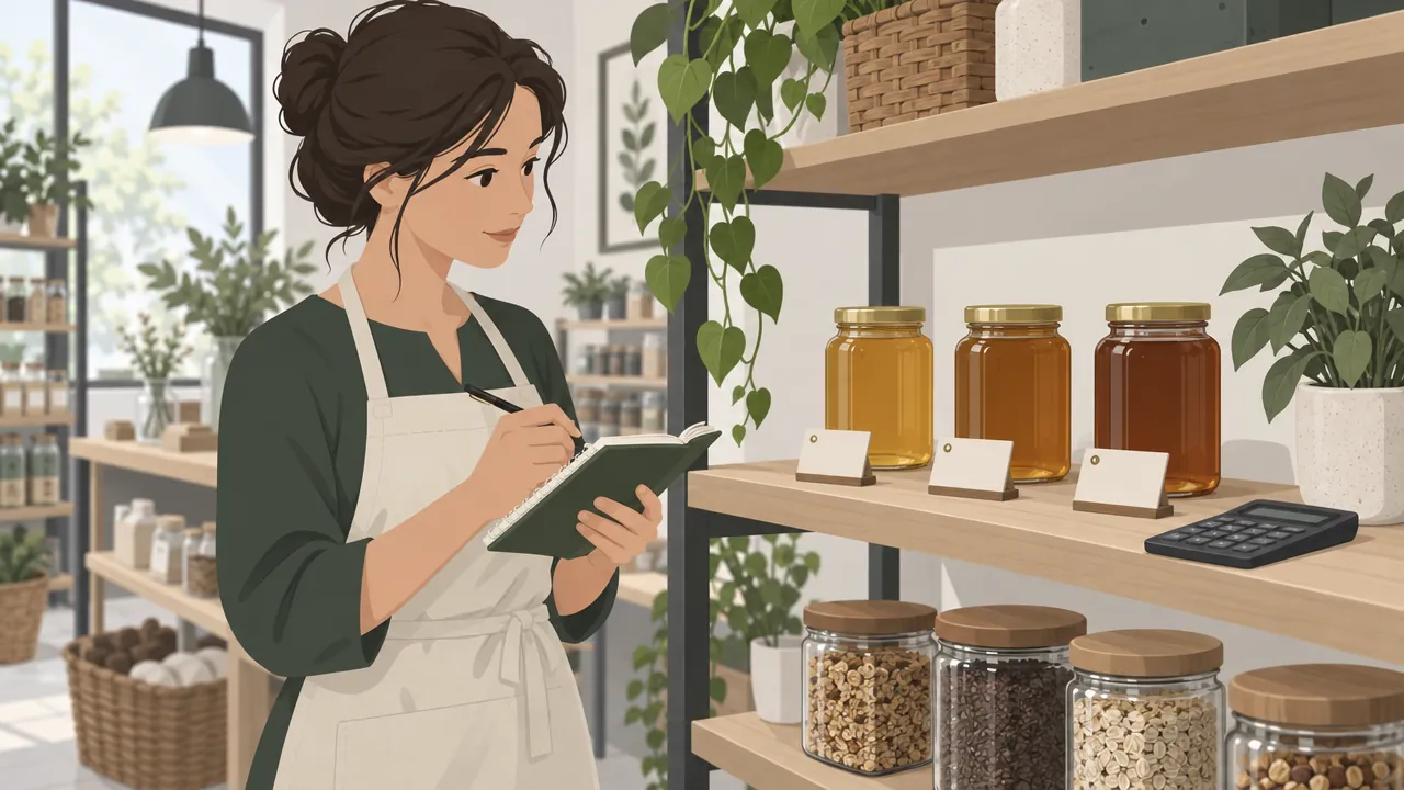 A shop owner comparing three similar jars of honey on a shelf, each with a blank price tag, while writing notes in a notebook.