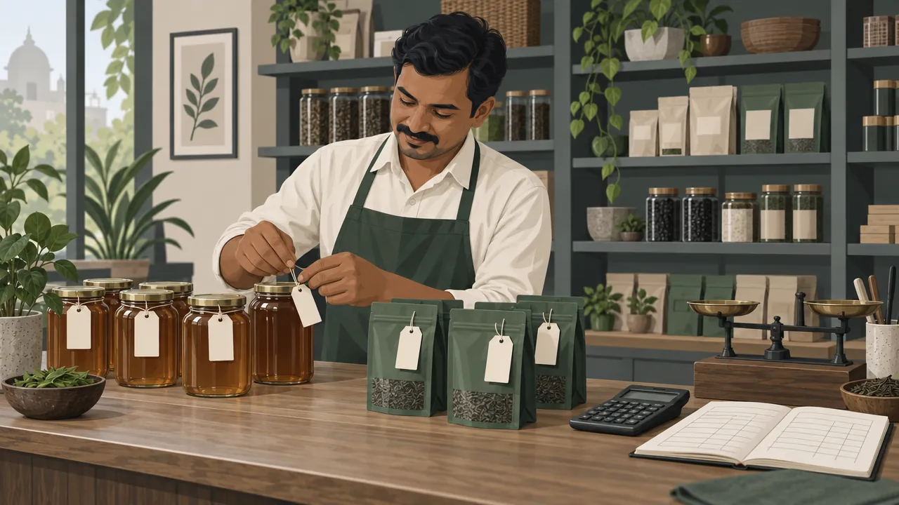 A shop owner at a wooden counter attaching blank price tags to jars of honey and packets of tea, with a calculator, a notebook and a small balance scale.