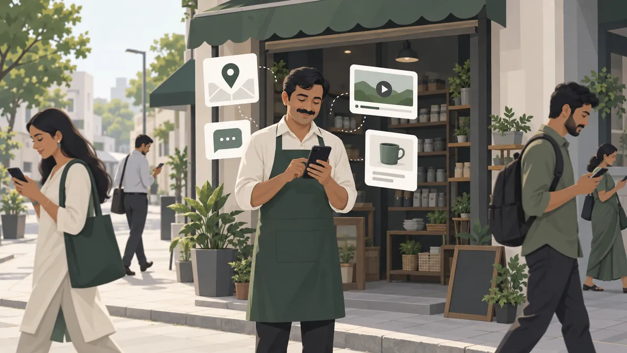 A shop owner standing outside his shop holding a phone, with simple floating cards for a map pin, a short video, a chat bubble and a product around it, as people walk past.