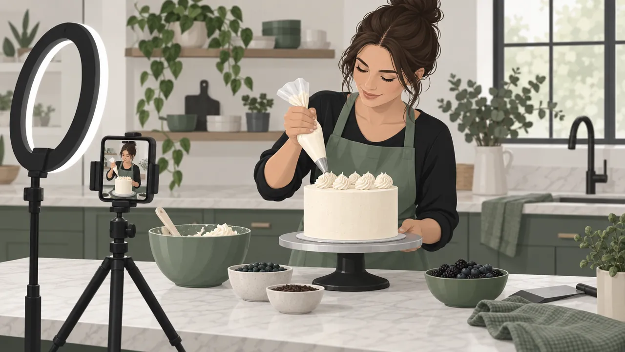 A phone on a small tripod filming a cake being decorated on a kitchen counter, with a ring light beside it.