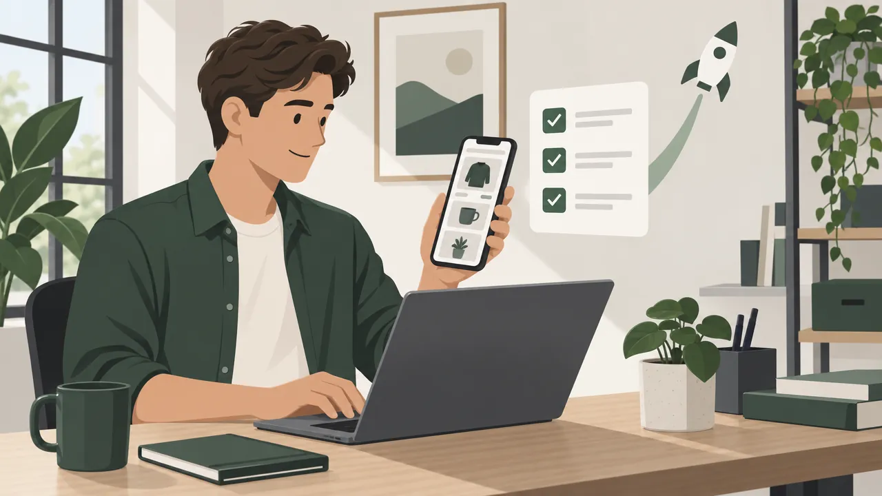 A business owner at a desk holding a phone that shows a shop app's home screen, with a laptop and a floating checklist of ticked boxes beside a launch arrow.
