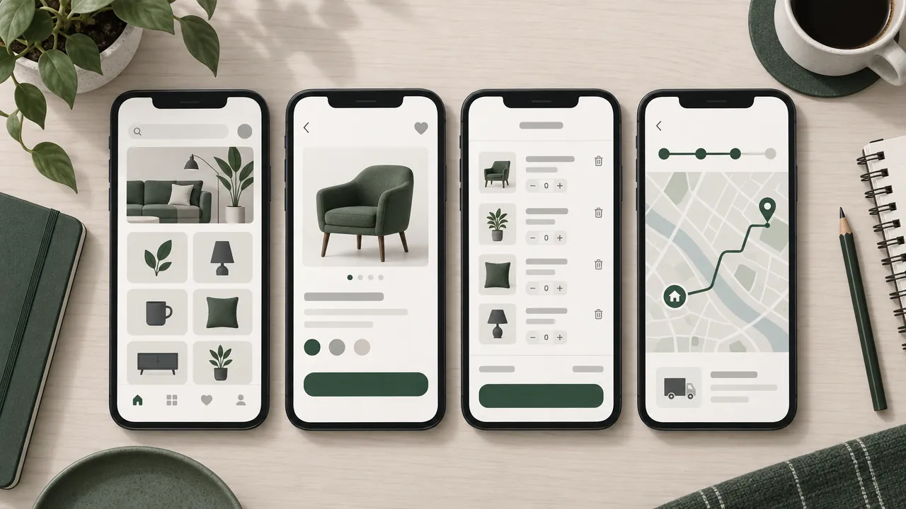 Several phone screenshots of a shopping app laid out on a desk: home screen, product page, cart and order tracking.