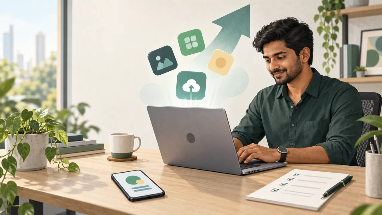 A business owner uploads an app from a laptop, with a checklist and a phone on the desk.