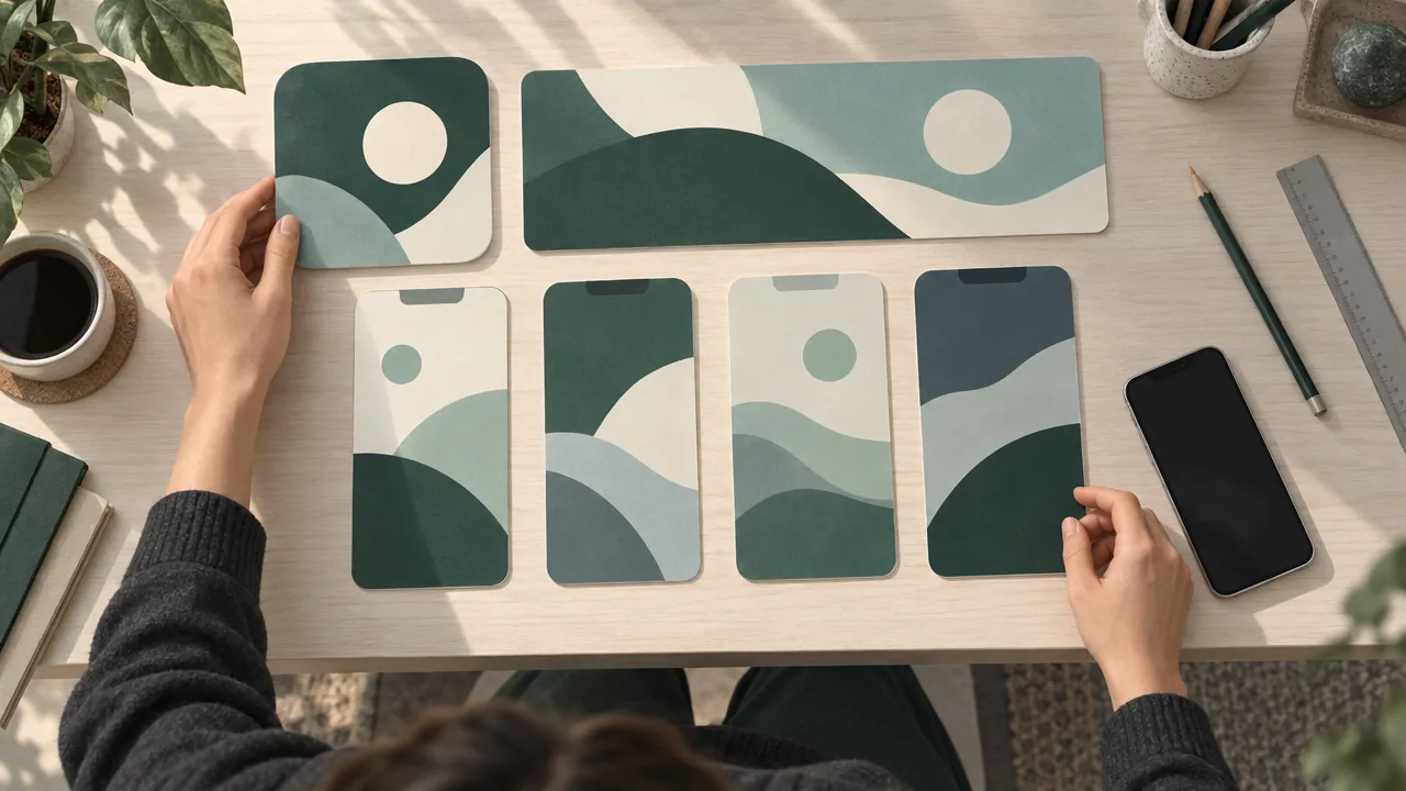 App icon, feature graphic and phone screenshot cards laid out on a designer's desk.