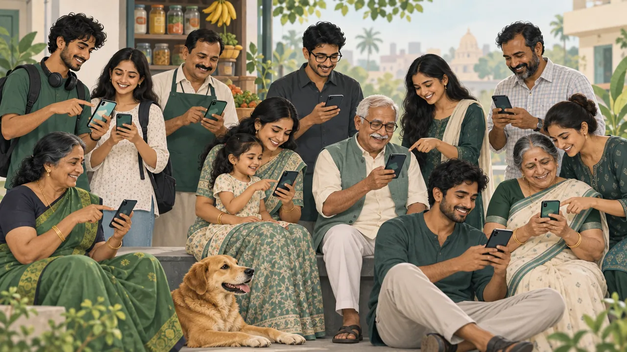 A friendly group of twelve people of different ages trying out an app on their phones.