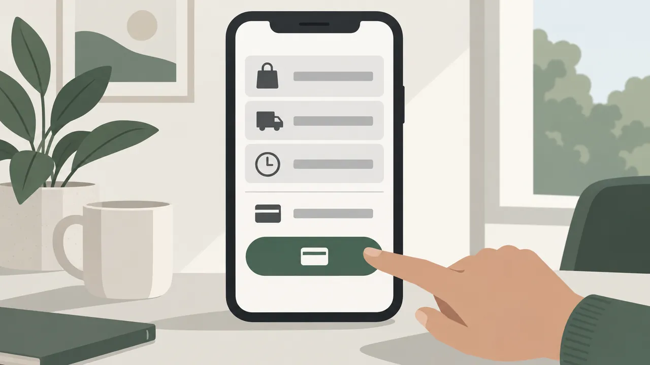 A phone showing a clean checkout with the delivery fee, delivery time and total shown clearly above a single pay button.
