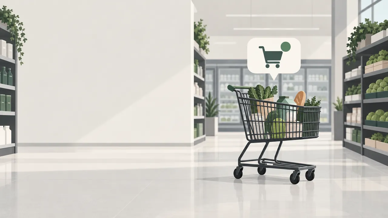 A shopping cart full of groceries left in the middle of an empty aisle, with a phone notification bubble floating above it.