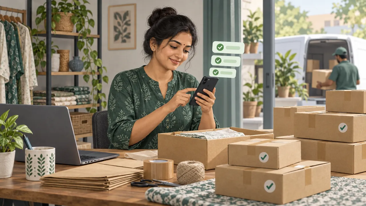 A seller confirms orders on her phone next to packed parcels marked with green ticks.