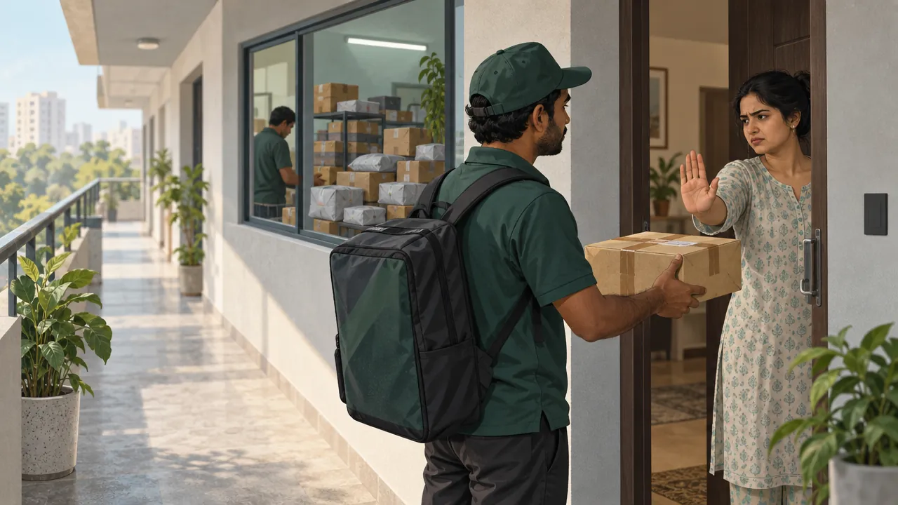 A delivery partner holds out a parcel at an apartment door while the resident raises a hand to refuse it.