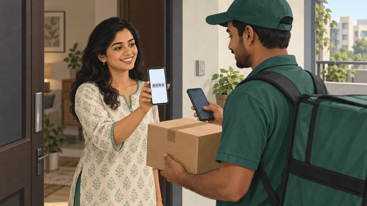 A delivery partner hands over a parcel to a customer showing a code on her phone.