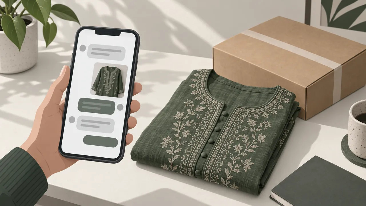 A phone screen showing an Instagram-style chat with a customer asking about size and delivery, next to a product photo of a kurta.