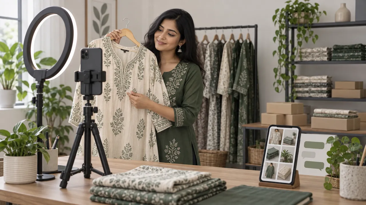 A young woman in a small home studio filming a vertical video of a handmade kurta on a hanger with a phone on a tripod and a ring light, with folded clothes and parcels behind her.