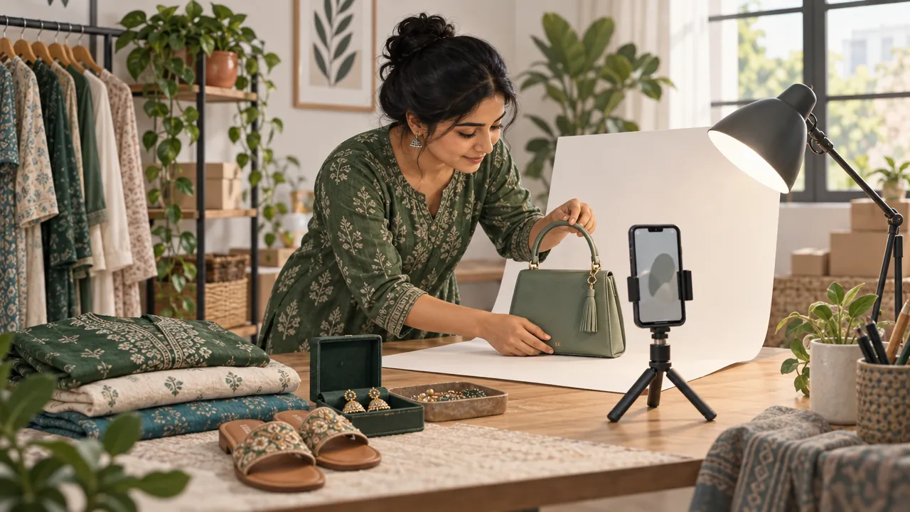 A shop owner photographs a handbag on a white backdrop with a phone on a small tripod.
