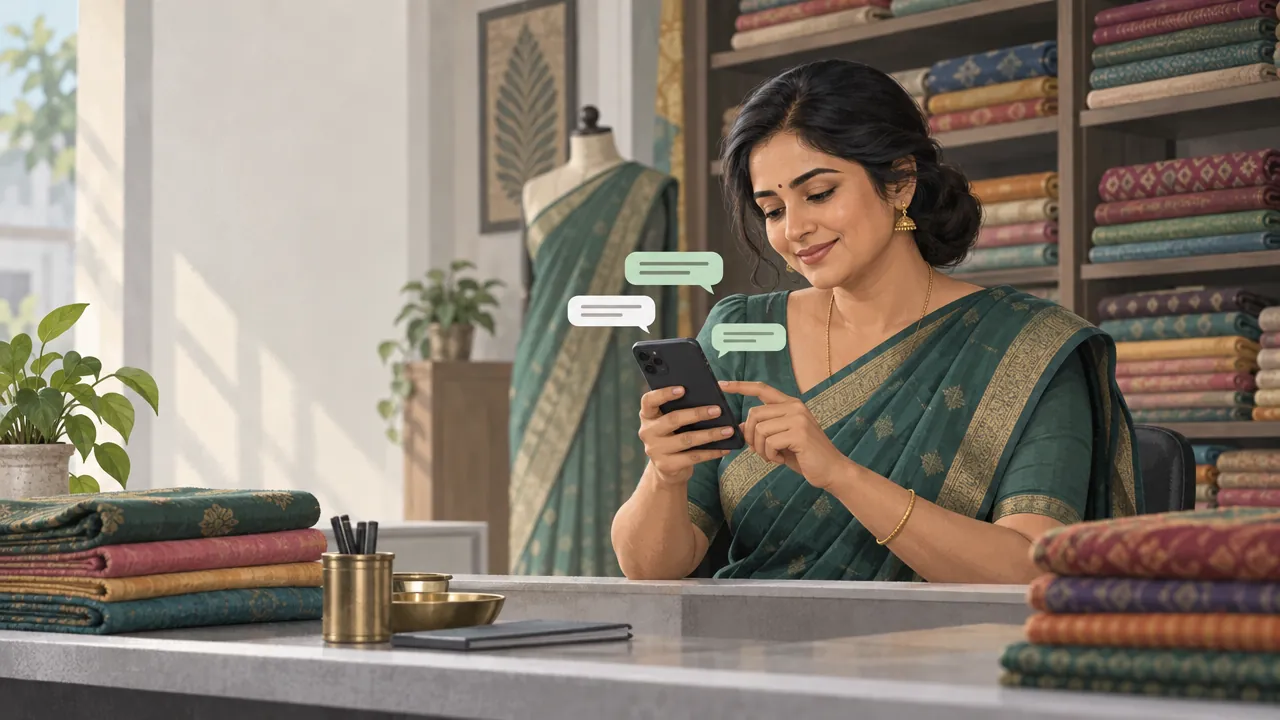A fabric shop owner replies to customers on her phone, with chat bubbles floating around it and fabrics stacked behind her.