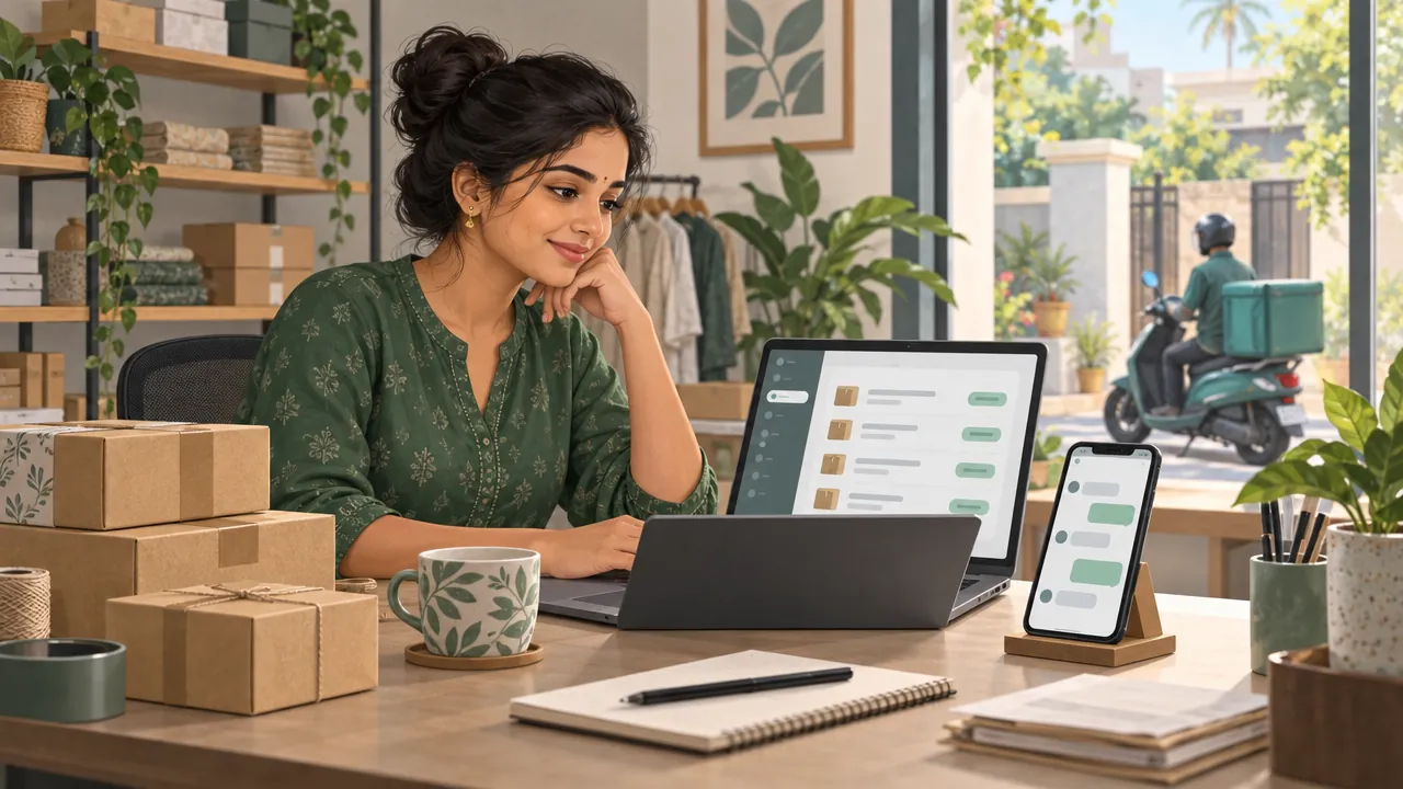 A calm business owner with orders listed on a laptop and a chat open on the phone beside it.
