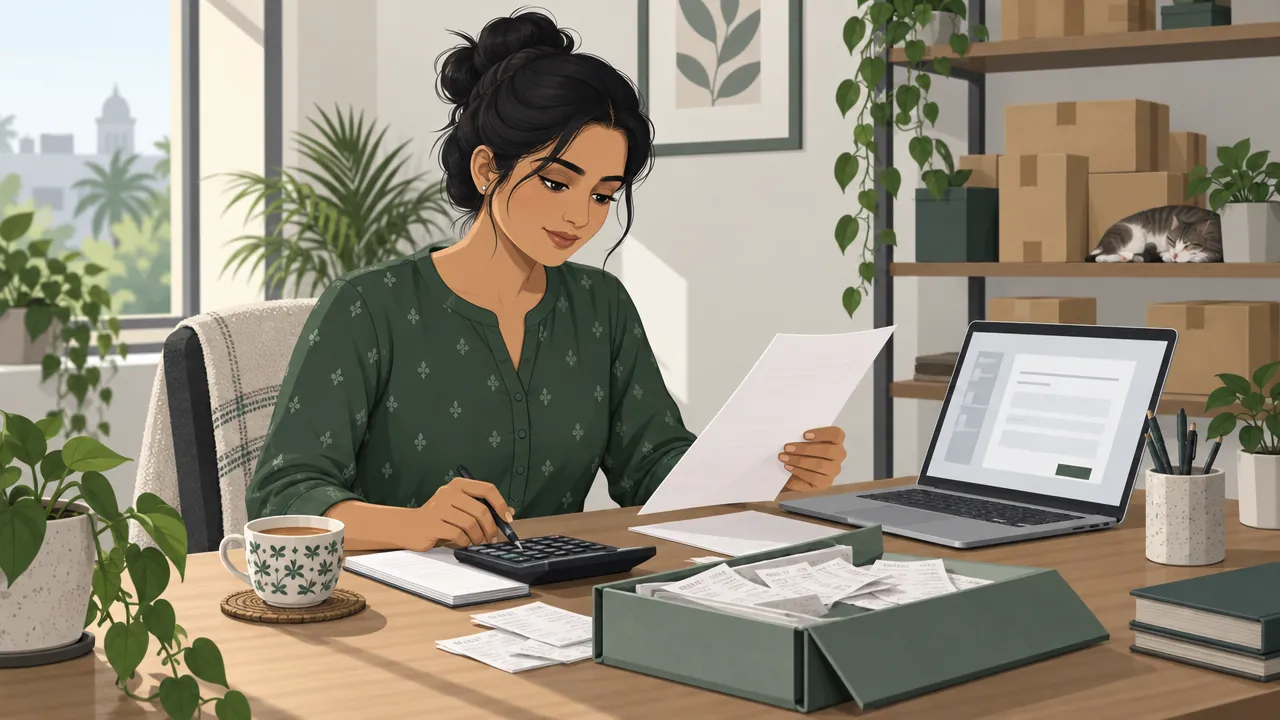 A small business owner at a home desk reviewing papers and a simple form on a laptop, with a calculator, a folder of receipts and packed parcels on a shelf behind.