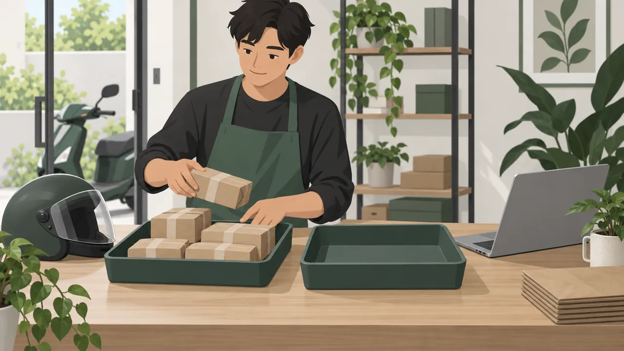 A seller at a packing table sorting parcels into two trays, a full tray for local deliveries and an empty tray set aside for long-distance shipping.